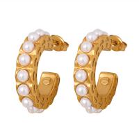 Titanium Steel Earrings, with Plastic Pearl, Letter C, Vacuum Ion Plating, fashion jewelry & for woman 