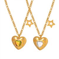 Titanium Steel Jewelry Necklace, with Glass Stone, with 2inch extender chain, Heart, gold color plated, fashion jewelry & for woman & with rhinestone Approx 15.7 Inch 