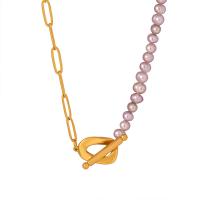 Natural Freshwater Pearl Necklace, Titanium Steel, with Freshwater Pearl, with 2inch extender chain, gold color plated, fashion jewelry & for woman & hollow Approx 16.5 Inch 