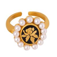 Titanium Steel Finger Ring, with Plastic Pearl, Vacuum Ion Plating, fashion jewelry & with flower pattern & for woman & enamel US Ring [