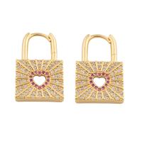 Cubic Zirconia Micro Pave Brass Earring, Lock, gold color plated, fashion jewelry & micro pave cubic zirconia & for woman, two different colored [