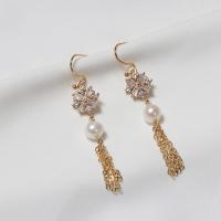 Freshwater Pearl Drop Earring, with Cubic Zirconia, gold color plated, vintage & fashion jewelry & for woman, white, 45mm 