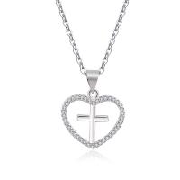 Cubic Zircon Micro Pave Sterling Silver Necklace, 925 Sterling Silver, with 1.18inch extender chain, Heart and Cross, fashion jewelry & micro pave cubic zirconia & for woman Approx 16.53 Inch 
