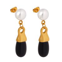 Titanium Steel Earrings, with Glass Stone & Plastic Pearl, Vacuum Ion Plating, fashion jewelry & for woman 