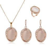 Rhinestone Zinc Alloy Jewelry Set, finger ring & earring & necklace, with Cats Eye, three pieces & for woman & with rhinestone, golden Approx 17.72 Inch 