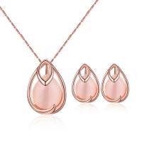 Rhinestone Zinc Alloy Jewelry Set, Stud Earring & necklace, with Cats Eye, 2 pieces & for woman & with rhinestone, rose gold color, 13*19mm,8*13mm Approx 15.75 Inch 