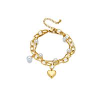 Titanium Steel Bracelet & Bangle, with Plastic Pearl, with 1.97inch extender chain, plated, Double Layer & fashion jewelry & for woman, golden Approx 6.69 Inch 