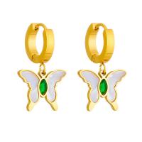 Titanium Steel Earrings, with Shell, Butterfly, plated, fashion jewelry & for woman & with rhinestone, golden, 30mm 