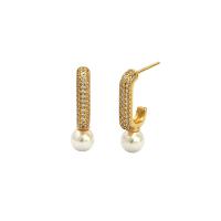 Sterling Silver Stud Earring, 925 Sterling Silver, with Plastic Pearl, plated, micro pave rhinestone & for woman 