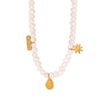Natural Freshwater Pearl Necklace, Titanium Steel, with Freshwater Pearl, with 2.76inch extender chain, gold color plated, fashion jewelry & for woman & with rhinestone Approx 16.1 Inch 