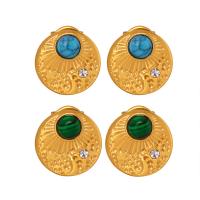 Titanium Steel Earrings, with turquoise, Round, gold color plated, fashion jewelry & for woman & with rhinestone 