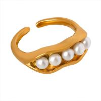Titanium Steel Finger Ring, with Freshwater Pearl, Vacuum Ion Plating, fashion jewelry & for woman US Ring 