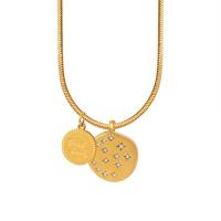 Titanium Steel Jewelry Necklace, with 2inch extender chain, Flat Round, gold color plated, snake chain & with letter pattern & micro pave cubic zirconia & for woman Approx 17.7 Inch 