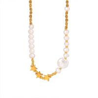 Titanium Steel Jewelry Necklace, with Freshwater Pearl, with 2.76inch extender chain, Star, gold color plated, fashion jewelry & for woman Approx 15 Inch 