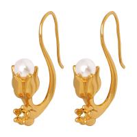 Brass Drop Earring, with Plastic Pearl, Tulip, plated, fashion jewelry & for woman 