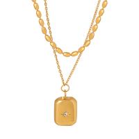 Titanium Steel Jewelry Necklace, with 2inch extender chain, Geometrical Pattern, gold color plated, Double Layer & micro pave cubic zirconia & for woman Approx 13.8 Inch, Approx  15.7 Inch 