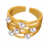 Titanium Steel Finger Ring, with Plastic Pearl, Vacuum Ion Plating, fashion jewelry & for woman & hollow US Ring [