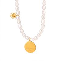 Natural Freshwater Pearl Necklace, Titanium Steel, with Freshwater Pearl, with 2.76inch extender chain, Flat Round, gold color plated, fashion jewelry & with letter pattern & for woman Approx 15 Inch 