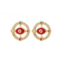 Evil Eye Earrings, Brass, Round, real gold plated, micro pave cubic zirconia & for woman & enamel 