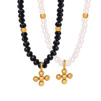 Titanium Steel Jewelry Necklace, with Glass Beads & Plastic Pearl, with 2inch extender chain, Cross, gold color plated & for woman Approx 15.7 Inch 