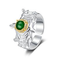 Sterling Silver Finger Ring, 925 Sterling Silver, with Malachite, plated, fashion jewelry & for woman, two different colored, 16mm,16mm 