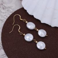 Freshwater Pearl Drop Earring, Flat Round, gold color plated, fashion jewelry & for woman, white, 11-12mm 