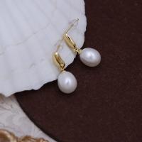 Freshwater Pearl Drop Earring, Oval, gold color plated, fashion jewelry & for woman, white, 8-9x10-11mm 