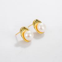 Sterling Silver Natural Pearl Stud Earring, 925 Sterling Silver, with Freshwater Pearl, plated, fashion jewelry & for woman 