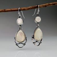 Gemstone Drop Earring, Brass, with Moonstone, antique silver color plated, fashion jewelry & for woman 