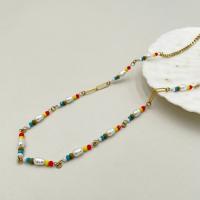 Glass Seed Beads Necklace, 304 Stainless Steel, with Seedbead & Plastic Pearl, with 4cm extender chain, Vacuum Ion Plating, fashion jewelry & Bohemian style & for woman, mixed colors, nickel, lead & cadmium free Approx 65 cm 