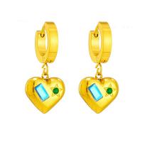Titanium Steel Earrings, Heart, plated, fashion jewelry & for woman & with rhinestone, golden 