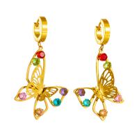 Titanium Steel Earrings, Butterfly, plated, fashion jewelry & for woman & with rhinestone, golden, 50mm [