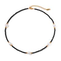 Gemstone Necklaces, 304 Stainless Steel, with Gemstone & Plastic Pearl, with 5cm extender chain, plated, fashion jewelry, black cm 