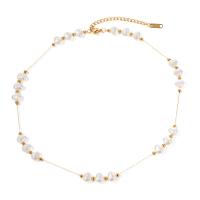 Collar de perlas de plástico, acero inoxidable 304, con Perlas plásticas, con 5.5cm extender cadena, chapado, Joyería, dorado, longitud:40 cm, Vendido por UD