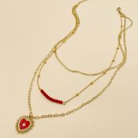 Fashion Multi Layer Necklace, 304 Stainless Steel, with Glass, with 6cm extender chain, Heart, Vacuum Ion Plating, three layers & fashion jewelry & for woman & enamel, red, nickel, lead & cadmium free, 20mm Approx 38 cm, Approx 43 cm, Approx 49 cm 