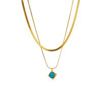 Titanium Steel Jewelry Necklace, with turquoise, with 1.97inch extender chain, 18K gold plated, Double Layer & fashion jewelry & for woman, golden Approx 14.96 Inch, Approx 15.75 Inch 