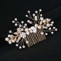 Decorative Hair Combs, Zinc Alloy, with Plastic Pearl, fashion jewelry & for woman & with rhinestone, golden [