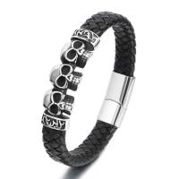 PU Leather Cord Bracelets, with 304 Stainless Steel, Skull, punk style & for man, black cm 