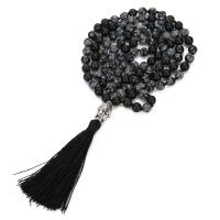 Fashion Fringe Necklace, Snowflake Obsidian, with Knot Cord & Zinc Alloy, Tassel, silver color plated, vintage & fashion jewelry & Unisex, black, 8mm,80mm Approx 110 cm 