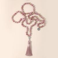 Fashion Fringe Necklace, Rhodochrosite, with Knot Cord & Zinc Alloy, Tassel, silver color plated, vintage & fashion jewelry & Unisex, pink, 8mm,80mm Approx 114.5 cm 