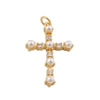 Brass Cross Pendants, with Plastic Pearl, fashion jewelry & for woman, golden 
