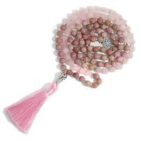 Fashion Fringe Necklace, Rose Quartz, with Knot Cord & Rhodochrosite & Zinc Alloy, Tassel, silver color plated, vintage & fashion jewelry & Unisex, pink, 8mm,80mm Approx 114 cm 