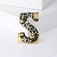 Enamel Brooch, Zinc Alloy, with Resin & Plastic Pearl, Letter S, gold color plated, fashion jewelry & for woman & with rhinestone, black [