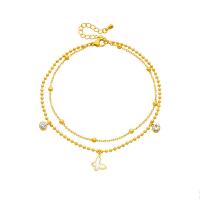 Stainless Steel Anklets Jewelry, Titanium Steel, with Shell, with 1.97inch extender chain, Butterfly, plated, Double Layer & for woman & with rhinestone, golden Approx 7.87 Inch 