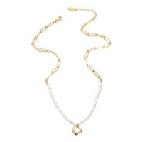 Natural Freshwater Pearl Necklace, 304 Stainless Steel, with Freshwater Pearl, with 2.36inch extender chain, Heart, plated, fashion jewelry & for woman Approx 14.57 Inch 
