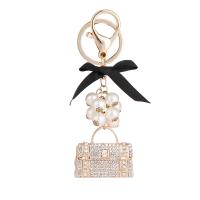 Rhinestone Zinc Alloy Key Chain, with Plastic Pearl, Handbag, gold color plated, for woman & with rhinestone 