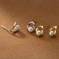 Sterling Silver Stud Earring, 925 Sterling Silver, with Shell Pearl, plated, Korean style & for woman 