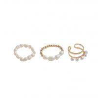 Brass Ring Set, with Freshwater Pearl, real gold plated, three pieces & fashion jewelry & for woman, two different colored, 17mm 
