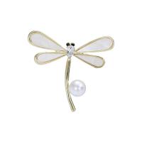 Shell Brooch, Zinc Alloy, with Shell & Plastic Pearl, Dragonfly, gold color plated, fashion jewelry & for woman & with rhinestone, white 