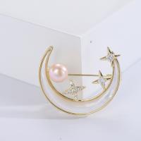 Freshwater Pearl Brooch, Brass, with Cubic Zirconia & Shell & Freshwater Pearl, Moon and Star, gold color plated, fashion jewelry & for woman, white 